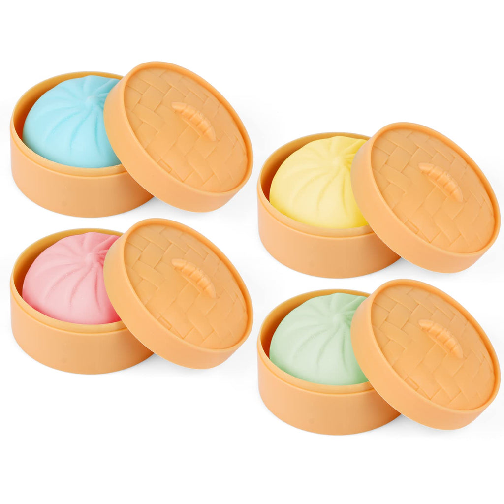 MEIEST 4 PCS Colorful Dumpling Stress Balls Fidget Sensory ToySqueeze Dough Ball Stress Relief Hand ToyBun with Food Steamer Stretchy Desk Toys
