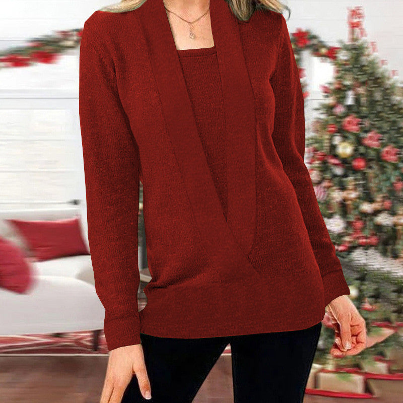 Knitted Solid Color Deep V-Neck Long Sleeve Sweater