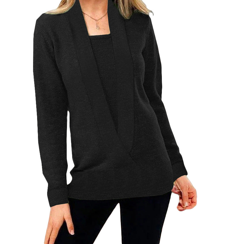 Knitted Solid Color Deep V-Neck Long Sleeve Sweater