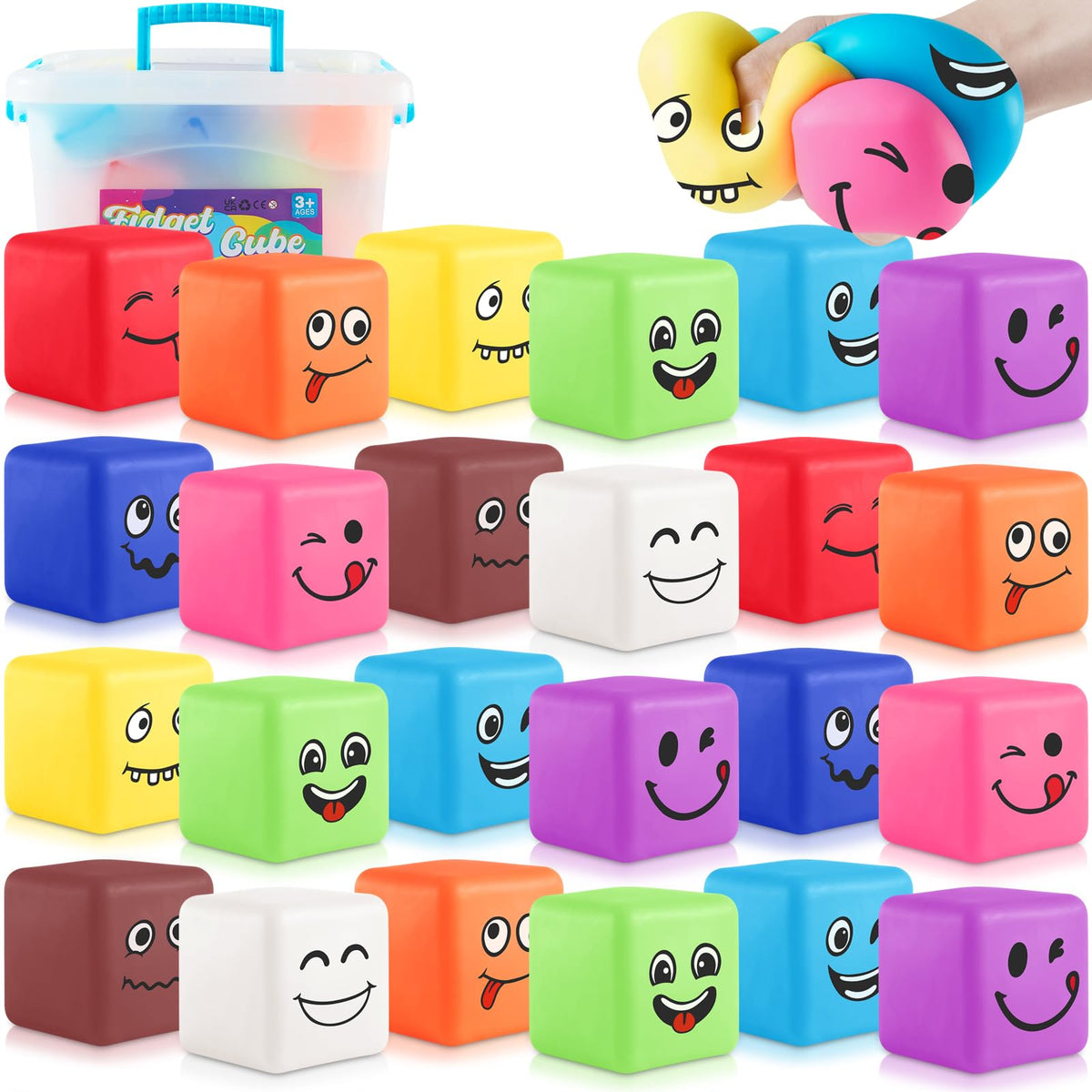 Fidget Toys Mini Stress Cube 24Pcs Emotion Stress Balls Bulk for Kids and Adult Slow Rising Stress Ice Cube Stress Balls Dough Stress Balls Soft Fidget Squishy Toys for Anxiety Relief Square Ball