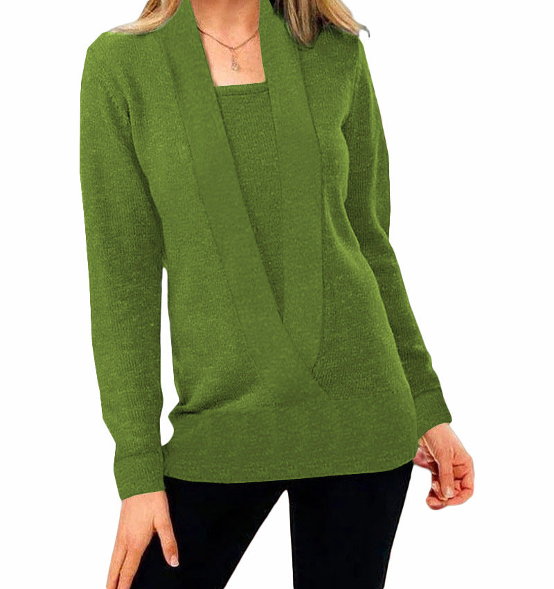 Knitted Solid Color Deep V-Neck Long Sleeve Sweater