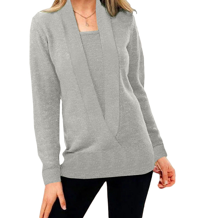 Knitted Solid Color Deep V-Neck Long Sleeve Sweater